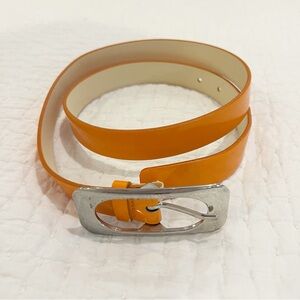 Motivi Belt Womens 34 Orange Silver Buckle Shiny Patent Faux Leather Retro Italy